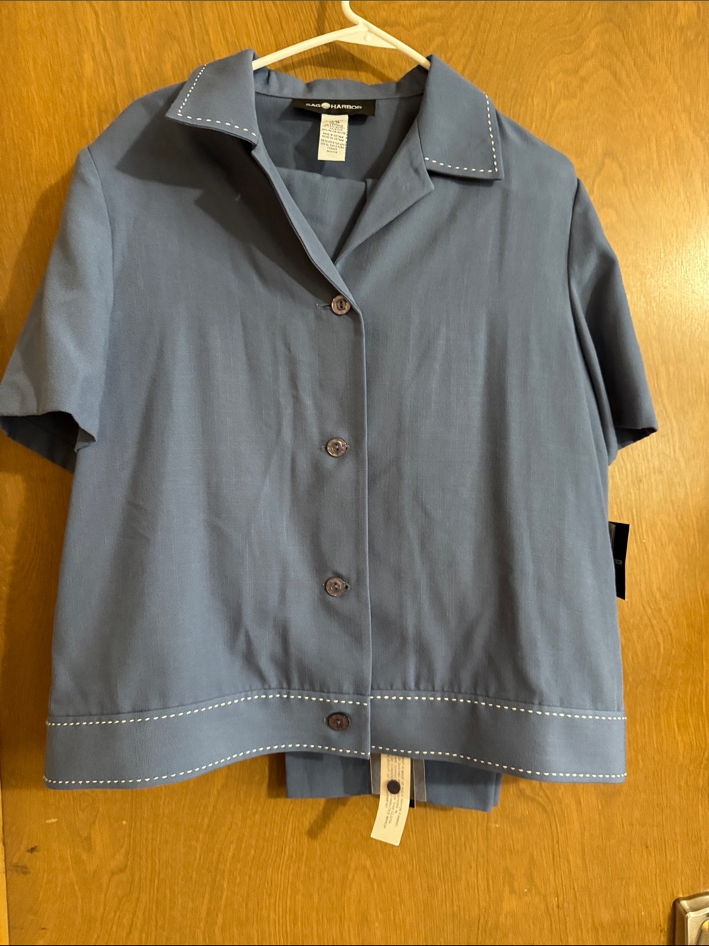Sag Harbor Blue Short-Sleeve Button Front Top with Contrast Stitching and pants